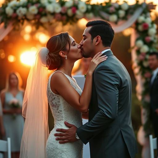 Casal de noivos se beijando durante a cerimônia de casamento