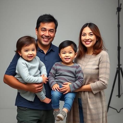 Família posando para foto em estüdio com iluminaäão profissional