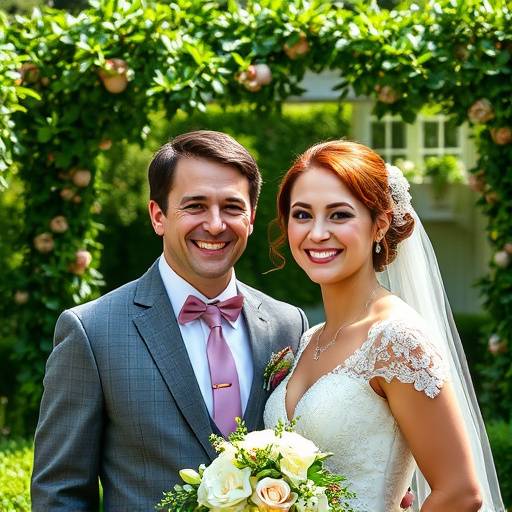 Fotografia de um casamento em um jardim exuberante, com os noivos sorrindo