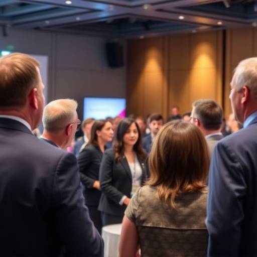 Fotografia de um evento corporativo, com pessoas interagindo e um palestrante no palco