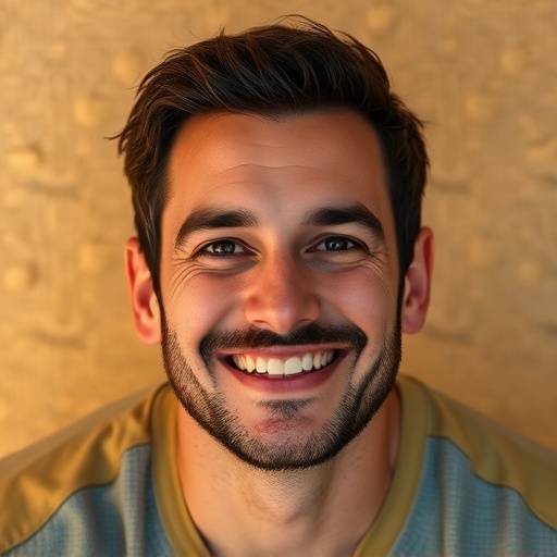 Retrato de um homem sorrindo com um olhar acolhedor, em um fundo texturizado