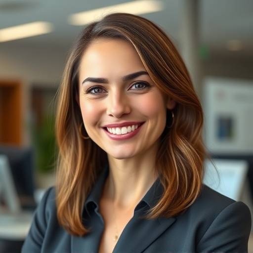 Retrato profissional de uma mulher sorrindo em um ambiente de escritório